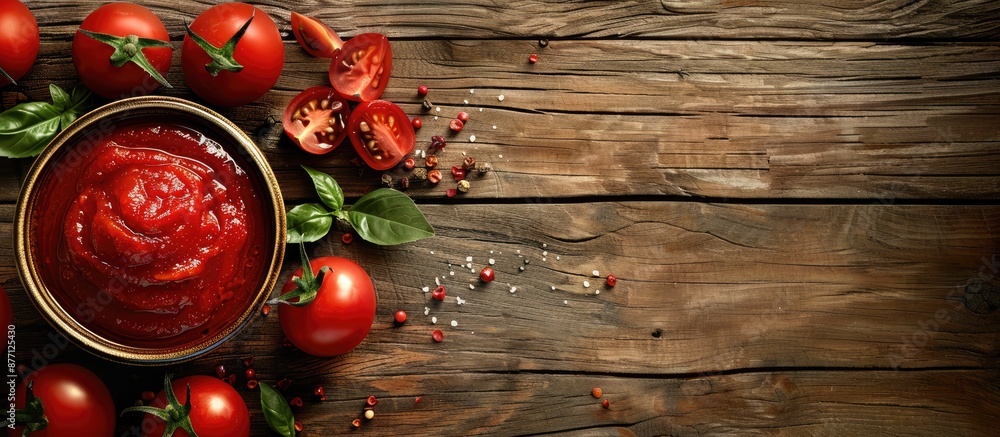 Poster Selective focus on tomato sauce and paste set against a wooden backdrop, allowing for a blank area for text or visuals, known as copy space image.