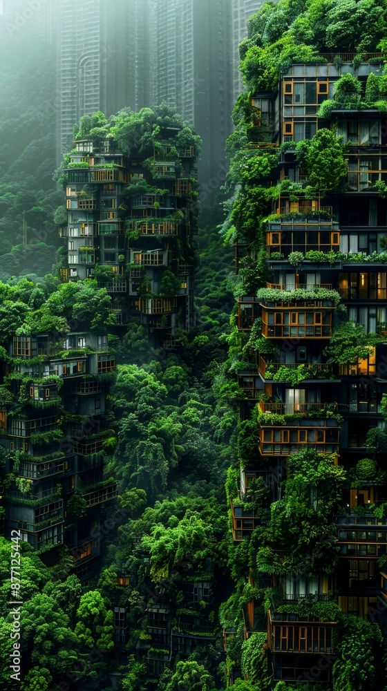 Poster panoramic view of buildings covered in vertical forests, integrating nature into urban architecture.