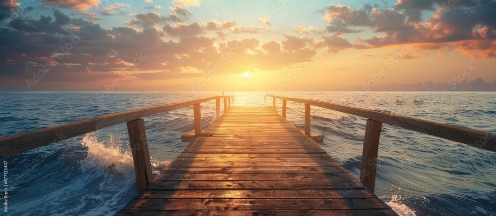 Poster a scenic sea bridge with a sunset backdrop and copy space image for added depth perspective.