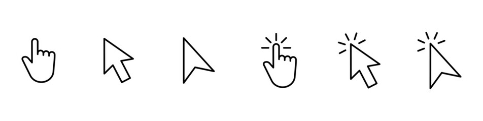 Hand pointer icons. Pointer click. Cursor arrow icon. Clicking finger. Computer mouse click. Vector illustration.