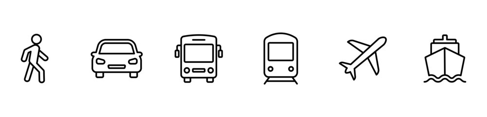 Transport line icons set. Auto, bus, train, ship, plane and on foot. Public, travel and delivery transport icons. Vector illustration.