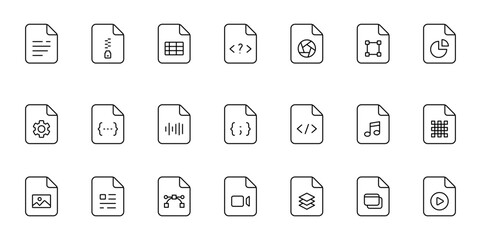 File type line icons. File formats in flat design. File and documents extensions. Icons for ui. Vector illustration.