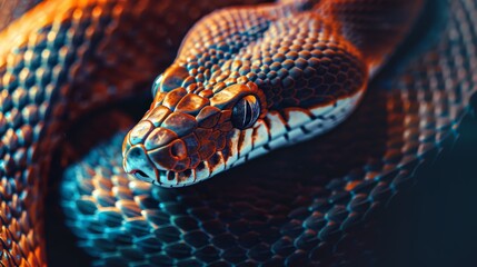 Fototapeta premium A tight shot of a snake's head superimposed over its blue and orange back end