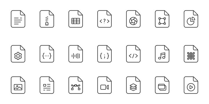 File type line icons. File formats in flat design. File and documents extensions. Icons for ui. Vector illustration.