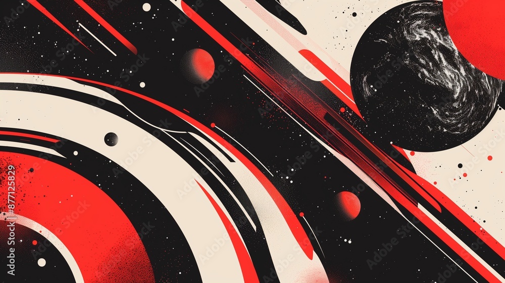 Wall mural bold abstract space-themed 2d illustration in dynamic red black colors. dramatic cosmic flat cartoon