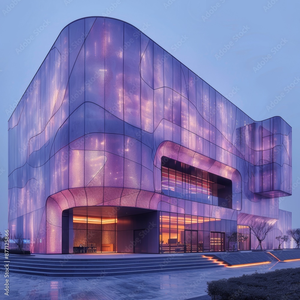 Poster a futuristic building use a translucent material that reflects light, hexagonal shape, purple color
