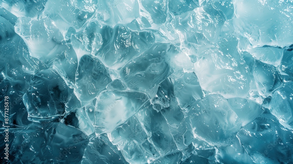 Aufkleber close-up of clear textured ice blocks stacked background image. purity and sharpness. icy frozen blu