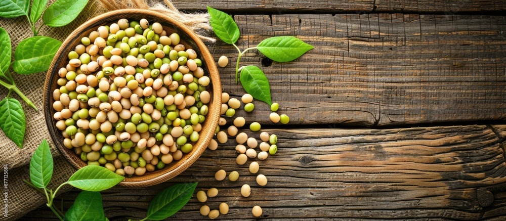 Poster plate of fresh green soybeans on a wooden table with a clear area for text or image insertion.