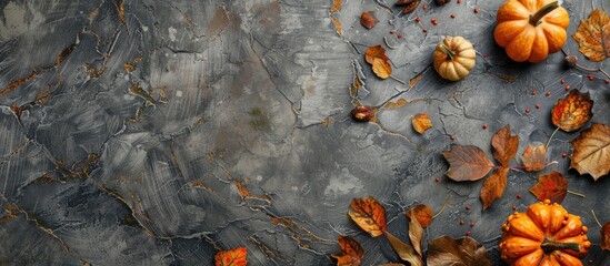 Creative autumn-themed decoration using fall leaves and pumpkins on a stone surface in a flat lay, top view, with a designated space for text or imagery.