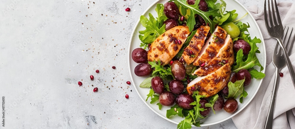 Poster plate with a delicious chicken salad, accompanied by juicy grapes, set on a table with a copy space 