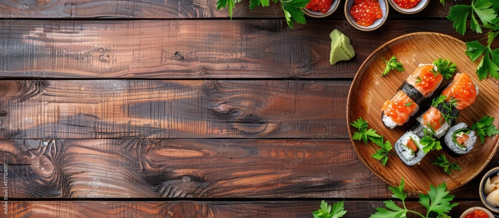 Aufkleber Wooden table setting with appetizing sushi rolls arranged as a flat lay composition, ideal for adding text in the copy space image.