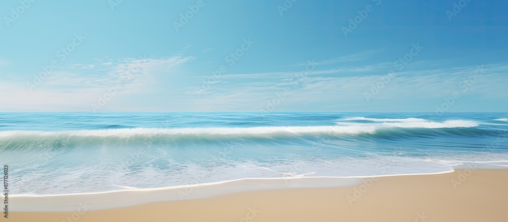 Poster beach waves during low tide against a clear blue sky with a vast expanse of sand, creating a serene 