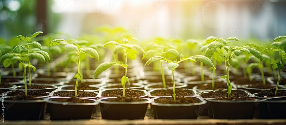 Poster nature-themed image of tomato seedlings in a greenhouse with selective focus showcasing copy space i