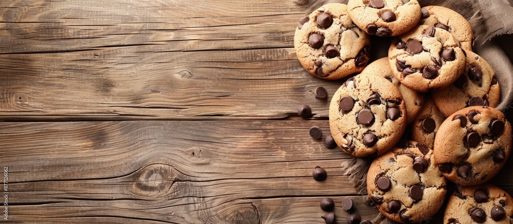Poster cookies with chocolate chips displayed on a wooden backdrop with copy space image.