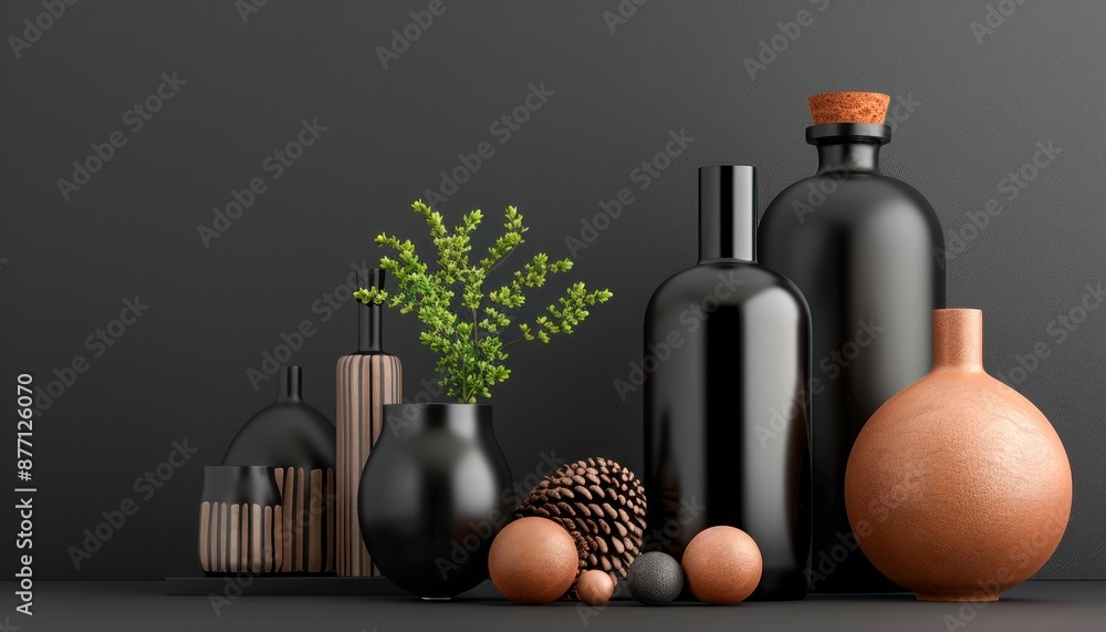 Poster still life with assorted dark-toned objects on empty surface a study in sophisticated simplicity and