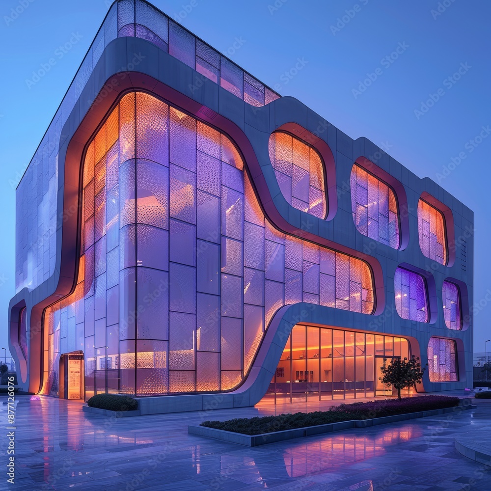 Poster a futuristic building use a translucent material that reflects light, hexagonal shape, purple color