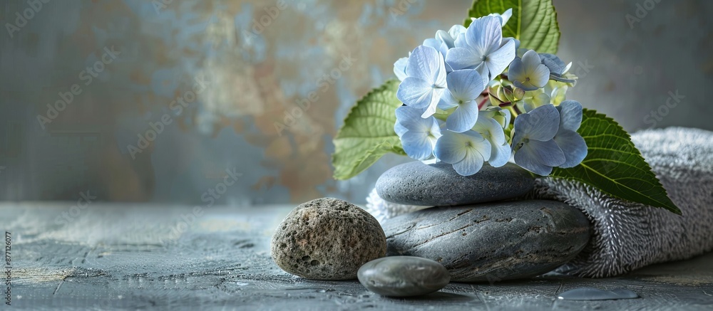 Poster hydrangea and stones with herbal ball, towel on grey backdrop create a serene composition with copy 