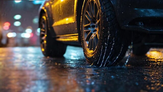 A car's tires splash water in slow motion on a rainy street at night. Generated with AI