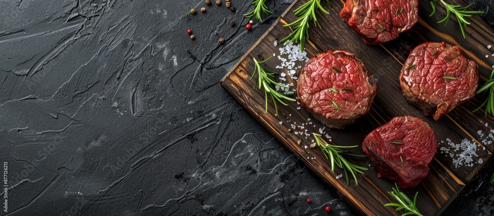 Poster fresh filet mignon steaks with rosemary on a wooden board over a black background. organic ingredien
