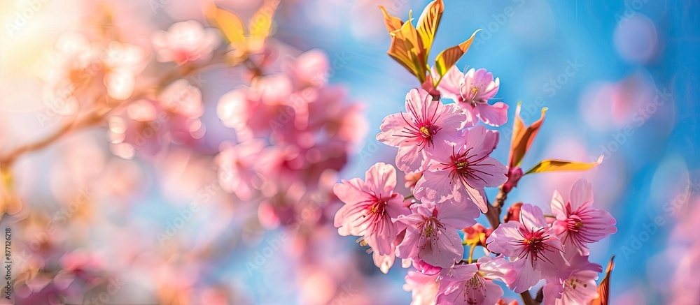 Poster close-up image of sakura tree in full bloom with beautiful pink flowers in spring at a park, set aga