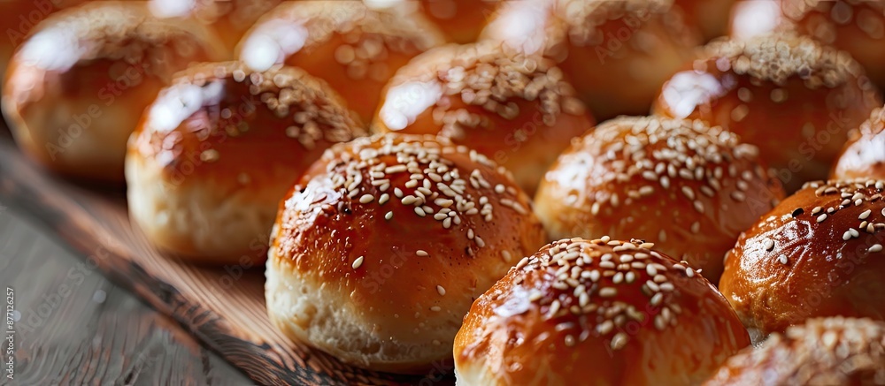 Aufkleber many small buns topped with sesame seeds were displayed in the copy space image.