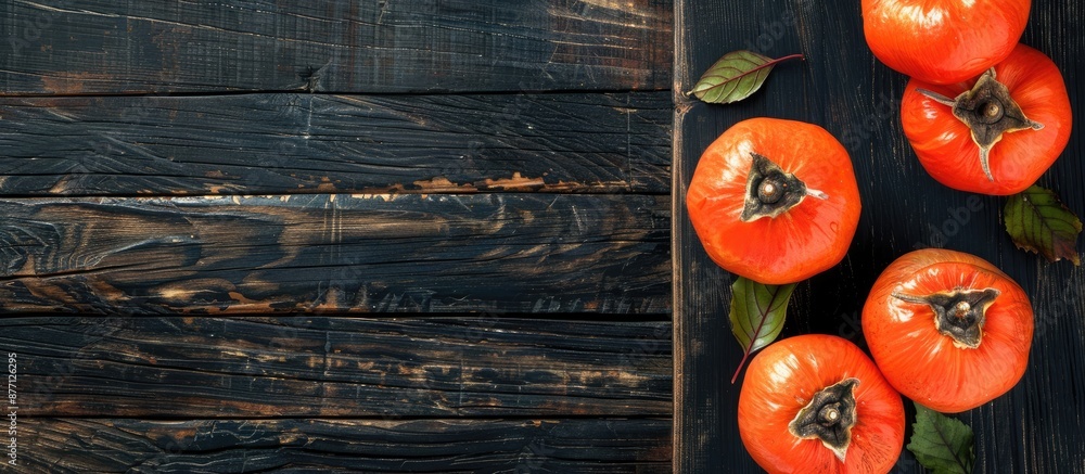 Poster top view of ripe persimmons fruit on a dark wooden board with copy space image.