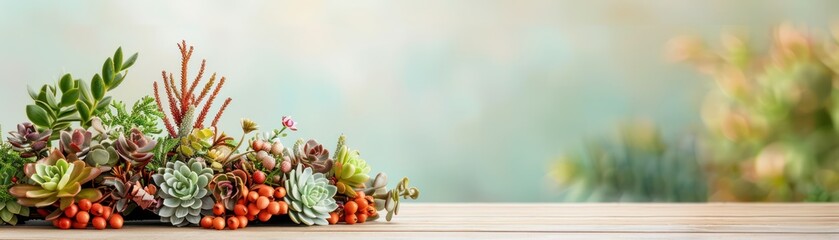 Fototapeta premium Succulents on White Tabletop with Blurred Green Background, Elegant Clarity and Rich Mix of Textures