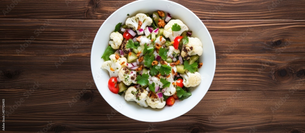 Poster close-up top view of a healthy cauliflower salad in a white bowl on a wooden background, conveying a