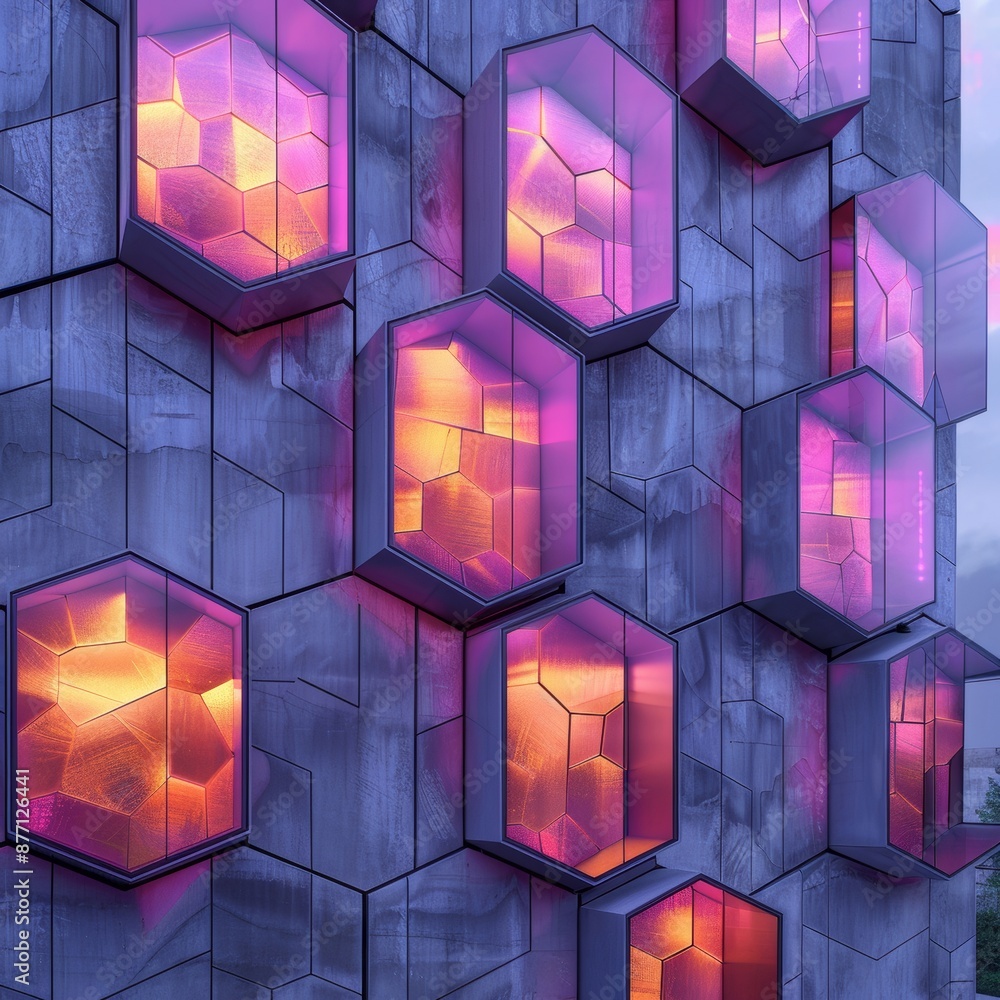 Poster a futuristic building use a translucent material that reflects light, hexagonal shape, purple color