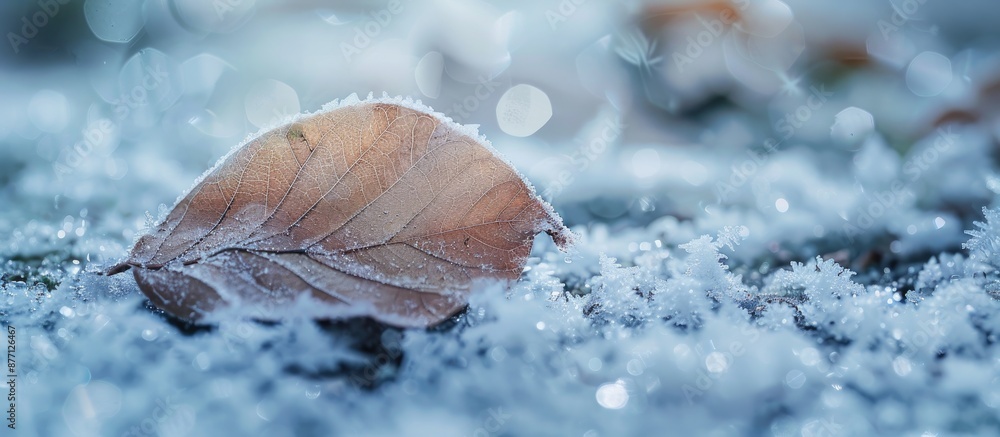 Poster A beautiful close-up winter image with a leaf covered by snow and ice, highlighting the texture and small white ice grains on the ground - perfect for a copy space image.