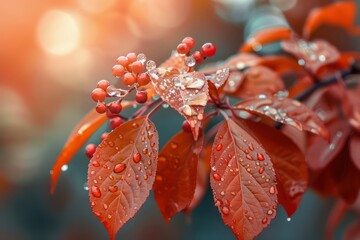 Vibrant Autumn Leaves with Dew Drops, A Stunning Display of Nature's Beauty, Red Leaves, Dew, Fall, Nature, Photography, Autumn, Season, Foliage, Background, Image, Macro, Closeup, Water, Drops,