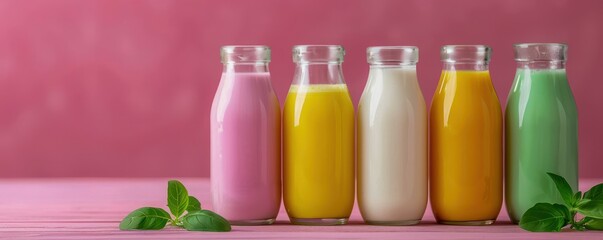 Vibrant Collection of Colorful Dairy Products in Bottles A Delightful Display of Nutrition and Flavor