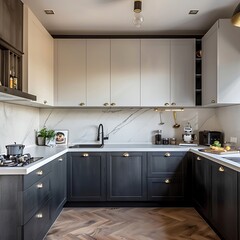 Classic black U shaped kitchen design with white marble backsplash