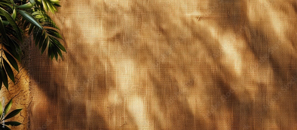 Leinwandbilder An empty textured burlap backdrop in honey mustard tones for eco-friendly themes with a bird's-eye view showing ample copy space image.