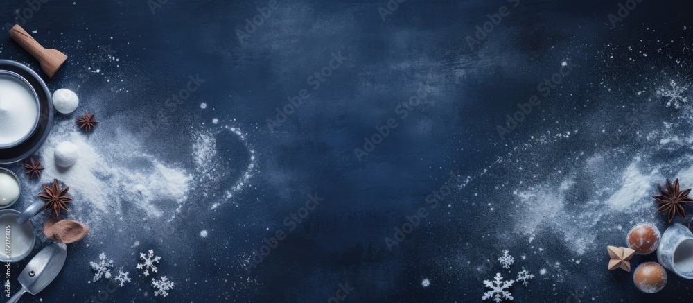 Poster holiday baking table with dark blue xmas theme as a background for baking cookies, equipped with ing