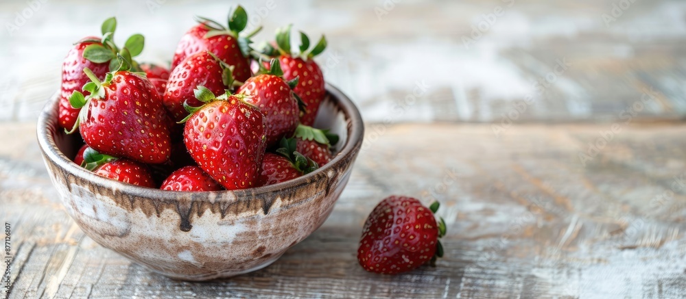 Aufkleber fresh strawberries in a ceramic bowl on a rustic white wooden surface with copy space image.