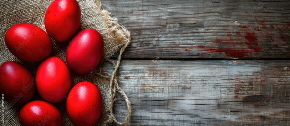 Poster easter-themed red eggs showcased against a rustic wooden backdrop with ample copy space image.