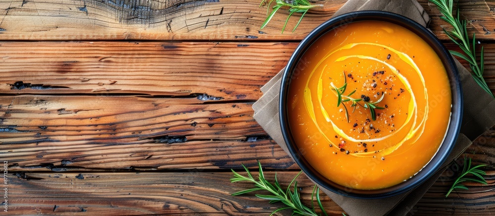 Poster Top view of pumpkin soup on a wooden backdrop with copy space image available for text.