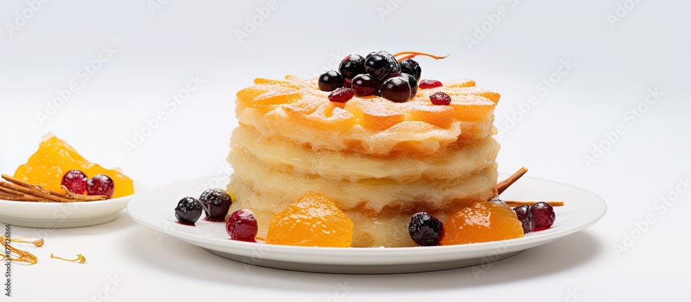 Poster Chinese cake on a white backdrop with a copy space image for text integration.