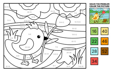 Solve the problem, color the picture. Chick and red flower. Coloring book. Vector