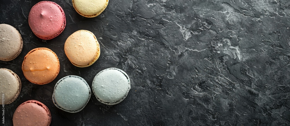 Aufkleber Sweet macarons displayed on a textured black concrete surface viewed from above, featuring an empty area for text or other content within the image.
