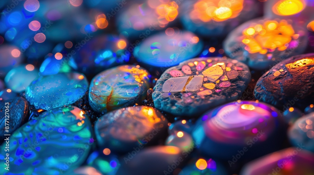 Poster array of pebbles illuminated by neon lights texture background image. mesmerizing display of glowing