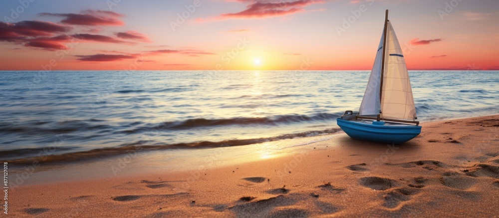 Poster Sunset at the beach with a toy sailboat creating a serene scene with the ocean backdrop and ample copy space image.