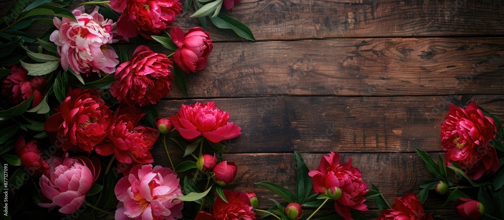 Poster a charming floral background featuring red and pink peonies on a wooden table, ready for your messag