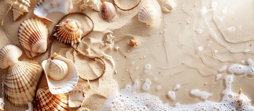 Poster a summer-themed scene featuring a sandy beach, seashells, and string, suitable for use as a backgrou