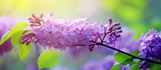 Close-up image of a lilac branch with a purple hue against a lush green garden background, featuring ample copy space image.