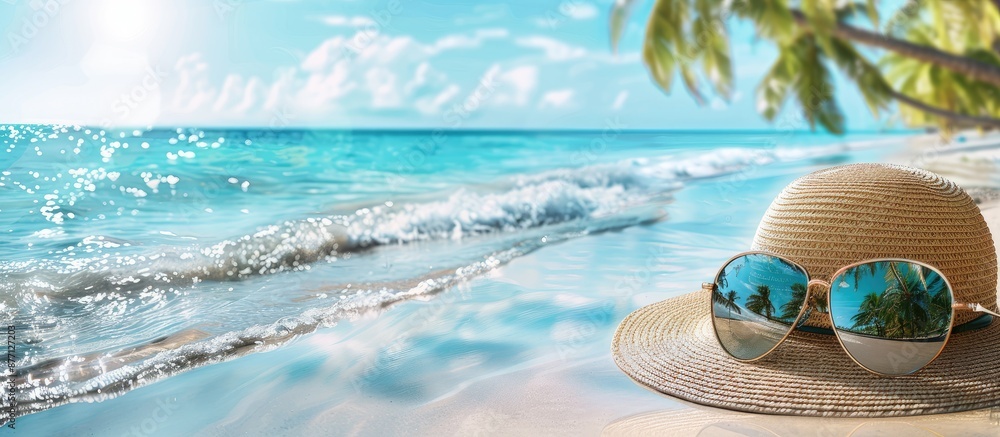 Poster summer travel banner showing a relaxing vacation on a tropical beach with a hat and sunglasses refle