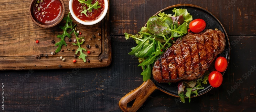 Aufkleber Top-down view of a beef steak served with a fresh salad and savory sauce, displaying a vacant area for adding your text or copy space image.