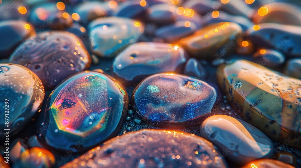 Poster wet pebbles illuminated by neon reflections texture background image. mesmerizing and shimmering sea
