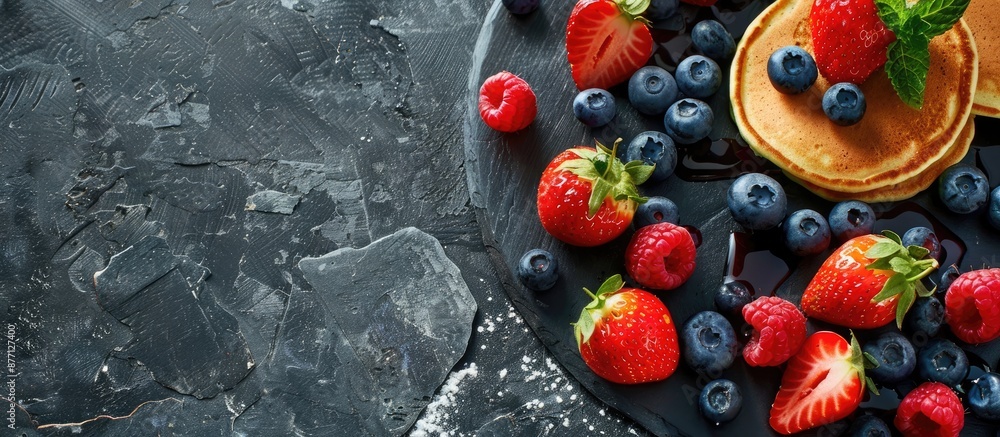 Poster breakfast featuring blueberry and strawberry pancakes on a stone table backdrop with a spacious area